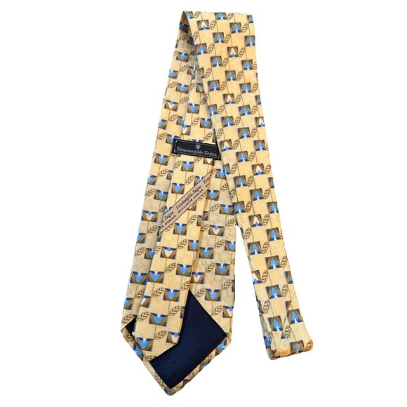 Ermenegildo Zenga Men’s Tie Yellow Blue Ivory Feathers 100% Silk 4” Italian EUC - Picture 4 of 7